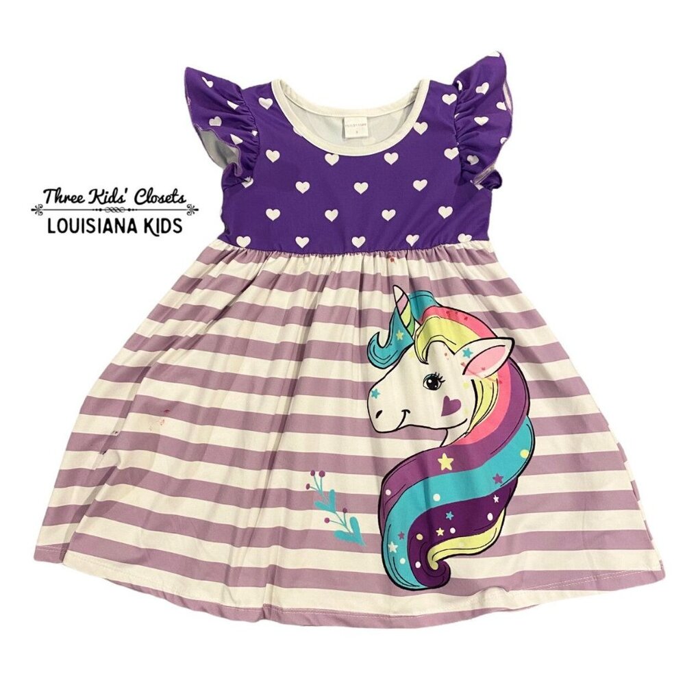 Penelope Plumm Sz 3 Purple Unicorn Stripes & Hearts Dress